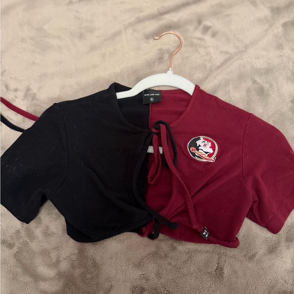 FSU Hype and Vice Black and Garnet Cropped Tie-Front Top
